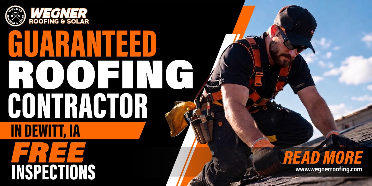 Wegner worker on a sunny roof with a toolbelt, representing a roofing contractor in dewitt ia.