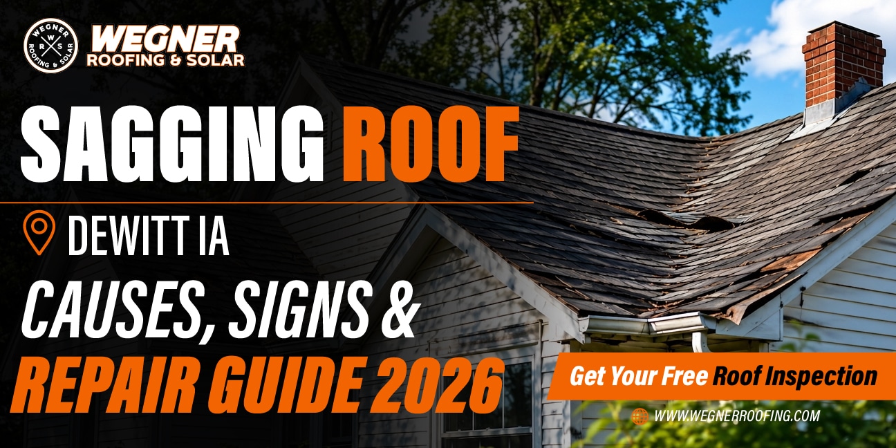Sagging roof in DeWitt IA showing damaged roof structure with visible dips and signs needing professional repair.